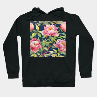 Watercolor peonies and branches on navy blue background Hoodie